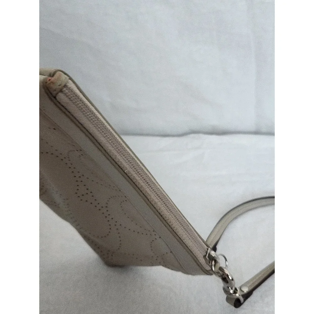 Coach Leather Punched C Logo Signature Wristlet Pouch Clutch Taupe Gray